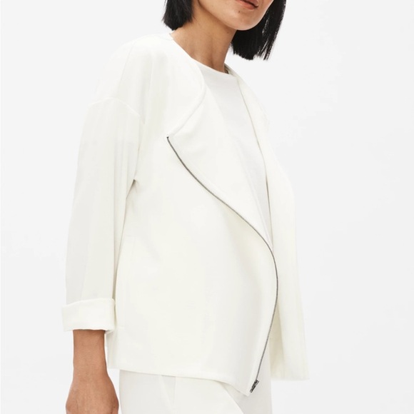Eileen Fisher Flex Tencel Ponte Round Neck Angled Zip Ivory Jack M - Picture 2 of 6